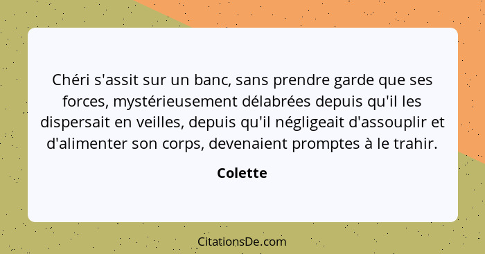 Chéri s'assit sur un banc, sans prendre garde que ses forces, mystérieusement délabrées depuis qu'il les dispersait en veilles, depuis qu'il... - Colette