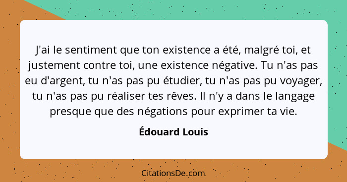 J'ai le sentiment que ton existence a été, malgré toi, et justement contre toi, une existence négative. Tu n'as pas eu d'argent, tu n'... - Édouard Louis