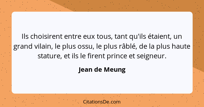 Ils choisirent entre eux tous, tant qu'ils étaient, un grand vilain, le plus ossu, le plus râblé, de la plus haute stature, et ils le... - Jean de Meung