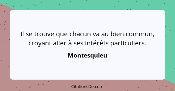 Il se trouve que chacun va au bien commun, croyant aller à ses intérêts particuliers.... - Montesquieu