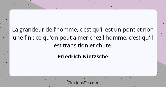 La grandeur de l'homme, c'est qu'il est un pont et non une fin : ce qu'on peut aimer chez l'homme, c'est qu'il est transiti... - Friedrich Nietzsche