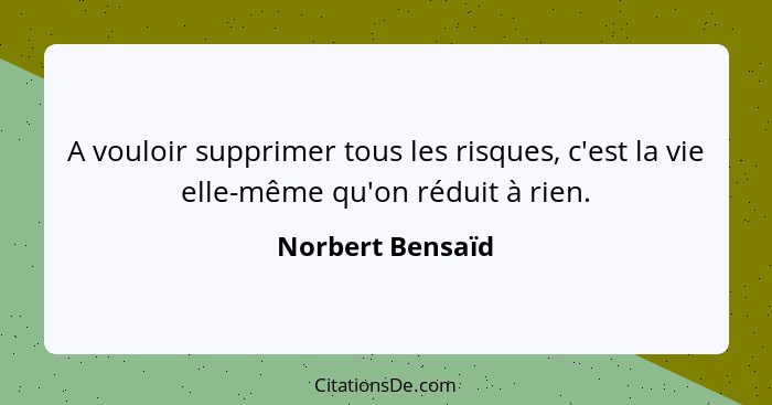 A vouloir supprimer tous les risques, c'est la vie elle-même qu'on réduit à rien.... - Norbert Bensaïd