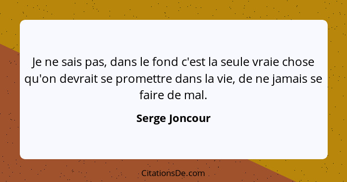 Je ne sais pas, dans le fond c'est la seule vraie chose qu'on devrait se promettre dans la vie, de ne jamais se faire de mal.... - Serge Joncour