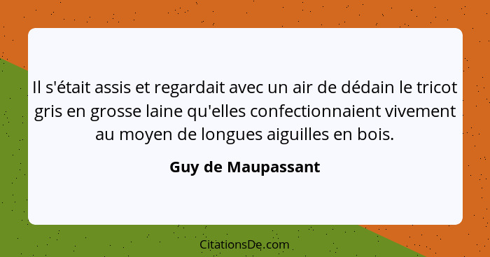 Il s'était assis et regardait avec un air de dédain le tricot gris en grosse laine qu'elles confectionnaient vivement au moyen de... - Guy de Maupassant