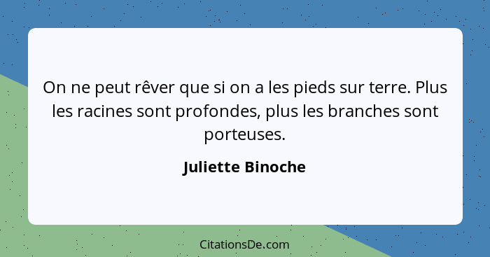 On ne peut rêver que si on a les pieds sur terre. Plus les racines sont profondes, plus les branches sont porteuses.... - Juliette Binoche