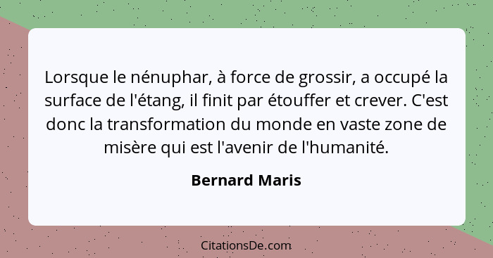 Lorsque le nénuphar, à force de grossir, a occupé la surface de l'étang, il finit par étouffer et crever. C'est donc la transformation... - Bernard Maris