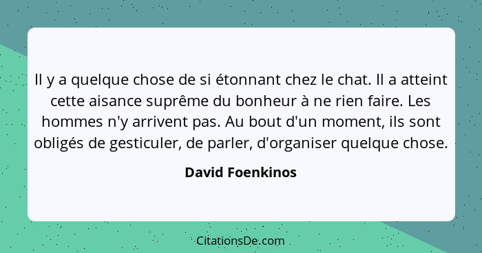 Il y a quelque chose de si étonnant chez le chat. Il a atteint cette aisance suprême du bonheur à ne rien faire. Les hommes n'y arri... - David Foenkinos