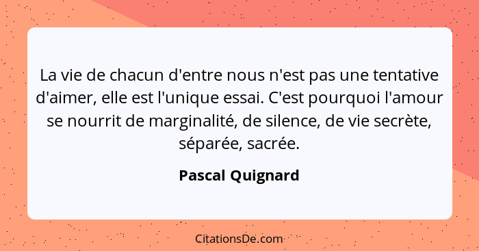 La vie de chacun d'entre nous n'est pas une tentative d'aimer, elle est l'unique essai. C'est pourquoi l'amour se nourrit de margina... - Pascal Quignard