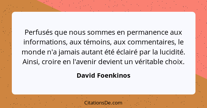 Perfusés que nous sommes en permanence aux informations, aux témoins, aux commentaires, le monde n'a jamais autant été éclairé par l... - David Foenkinos