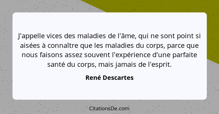 J'appelle vices des maladies de l'âme, qui ne sont point si aisées à connaître que les maladies du corps, parce que nous faisons asse... - René Descartes