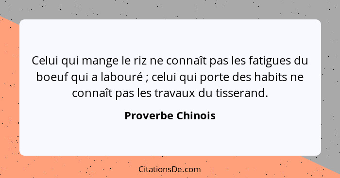 Celui qui mange le riz ne connaît pas les fatigues du boeuf qui a labouré ; celui qui porte des habits ne connaît pas les trav... - Proverbe Chinois