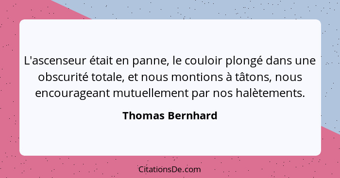 L'ascenseur était en panne, le couloir plongé dans une obscurité totale, et nous montions à tâtons, nous encourageant mutuellement p... - Thomas Bernhard