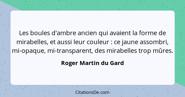 Les boules d'ambre ancien qui avaient la forme de mirabelles, et aussi leur couleur : ce jaune assombri, mi-opaque, mi-tra... - Roger Martin du Gard