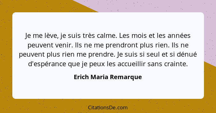 Je me lève, je suis très calme. Les mois et les années peuvent venir. Ils ne me prendront plus rien. Ils ne peuvent plus rien m... - Erich Maria Remarque