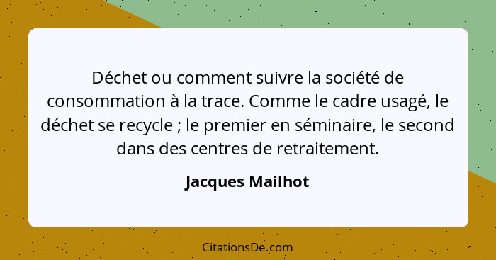 Déchet ou comment suivre la société de consommation à la trace. Comme le cadre usagé, le déchet se recycle ; le premier en sémi... - Jacques Mailhot