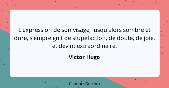 L'expression de son visage, jusqu'alors sombre et dure, s'empreignit de stupéfaction, de doute, de joie, et devint extraordinaire.... - Victor Hugo