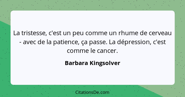 La tristesse, c'est un peu comme un rhume de cerveau - avec de la patience, ça passe. La dépression, c'est comme le cancer.... - Barbara Kingsolver