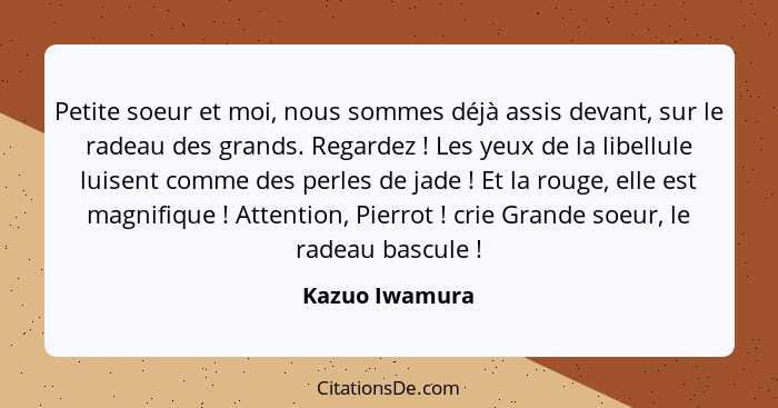 Petite soeur et moi, nous sommes déjà assis devant, sur le radeau des grands. Regardez ! Les yeux de la libellule luisent comme d... - Kazuo Iwamura