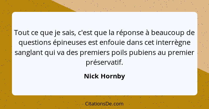 Tout ce que je sais, c'est que la réponse à beaucoup de questions épineuses est enfouie dans cet interrègne sanglant qui va des premiers... - Nick Hornby