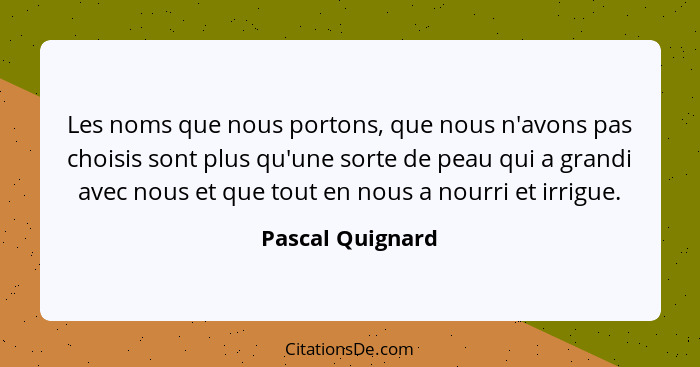 Les noms que nous portons, que nous n'avons pas choisis sont plus qu'une sorte de peau qui a grandi avec nous et que tout en nous a... - Pascal Quignard