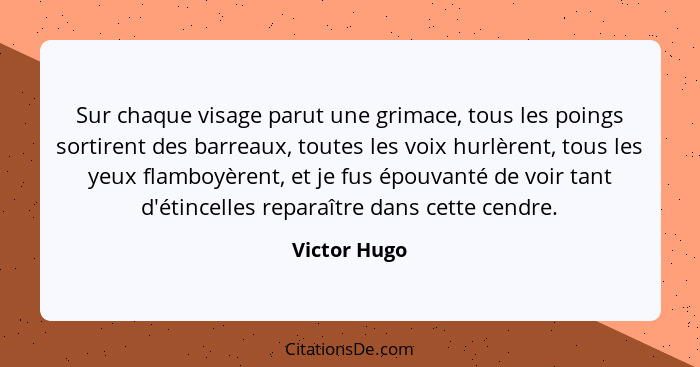 Sur chaque visage parut une grimace, tous les poings sortirent des barreaux, toutes les voix hurlèrent, tous les yeux flamboyèrent, et j... - Victor Hugo