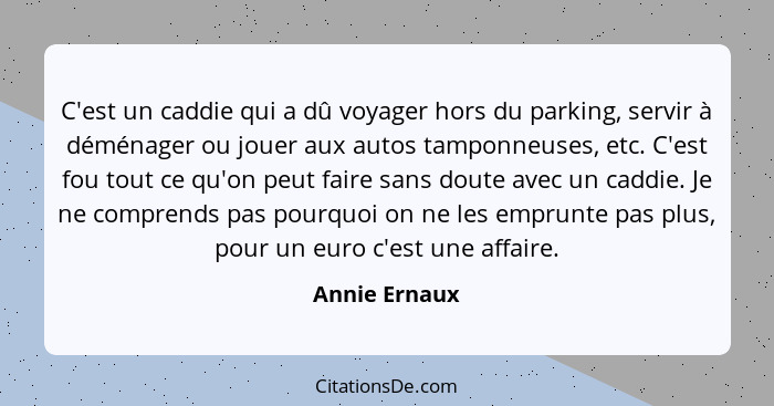 C'est un caddie qui a dû voyager hors du parking, servir à déménager ou jouer aux autos tamponneuses, etc. C'est fou tout ce qu'on peut... - Annie Ernaux