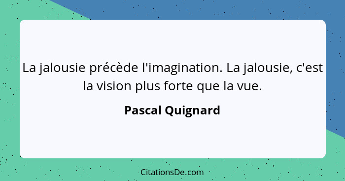 La jalousie précède l'imagination. La jalousie, c'est la vision plus forte que la vue.... - Pascal Quignard