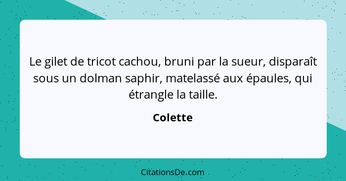 Le gilet de tricot cachou, bruni par la sueur, disparaît sous un dolman saphir, matelassé aux épaules, qui étrangle la taille.... - Colette