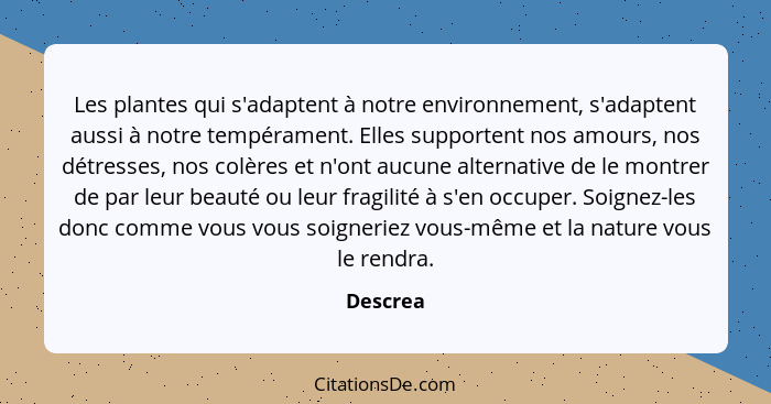 Les plantes qui s'adaptent à notre environnement, s'adaptent aussi à notre tempérament. Elles supportent nos amours, nos détresses, nos colè... - Descrea