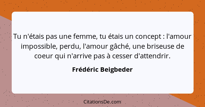 Tu n'étais pas une femme, tu étais un concept : l'amour impossible, perdu, l'amour gâché, une briseuse de coeur qui n'arrive... - Frédéric Beigbeder