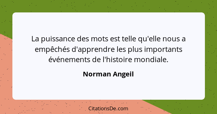 La puissance des mots est telle qu'elle nous a empêchés d'apprendre les plus importants événements de l'histoire mondiale.... - Norman Angeil