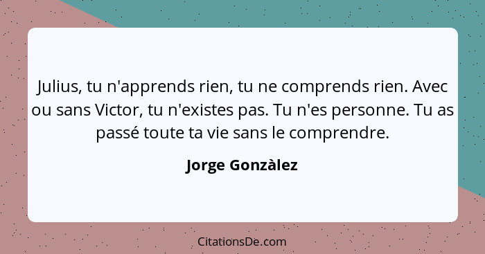 Julius, tu n'apprends rien, tu ne comprends rien. Avec ou sans Victor, tu n'existes pas. Tu n'es personne. Tu as passé toute ta vie s... - Jorge Gonzàlez