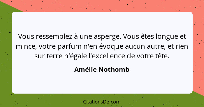 Vous ressemblez à une asperge. Vous êtes longue et mince, votre parfum n'en évoque aucun autre, et rien sur terre n'égale l'excellenc... - Amélie Nothomb