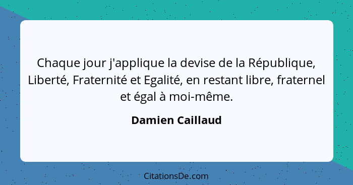 Chaque jour j'applique la devise de la République, Liberté, Fraternité et Egalité, en restant libre, fraternel et égal à moi-même.... - Damien Caillaud