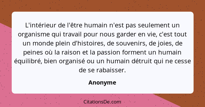 L'intérieur de l'être humain n'est pas seulement un organisme qui travail pour nous garder en vie, c'est tout un monde plein d'histoires, de... - Anonyme