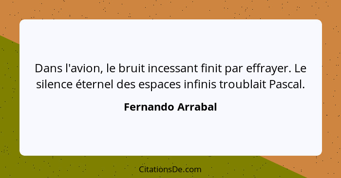 Dans l'avion, le bruit incessant finit par effrayer. Le silence éternel des espaces infinis troublait Pascal.... - Fernando Arrabal