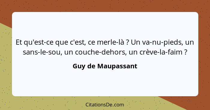 Et qu'est-ce que c'est, ce merle-là ? Un va-nu-pieds, un sans-le-sou, un couche-dehors, un crève-la-faim ?... - Guy de Maupassant