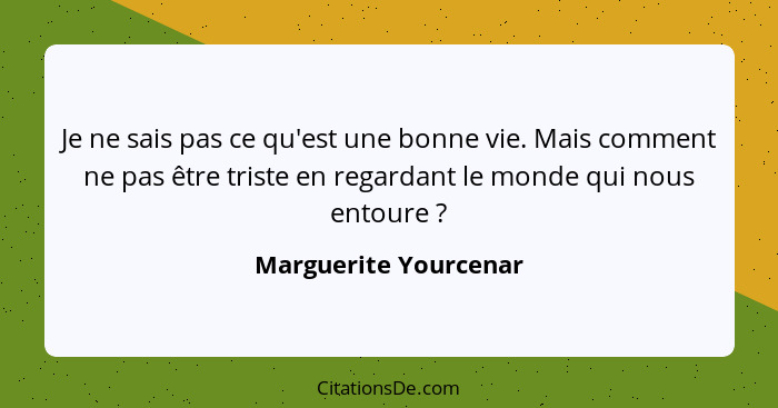 Je ne sais pas ce qu'est une bonne vie. Mais comment ne pas être triste en regardant le monde qui nous entoure ?... - Marguerite Yourcenar