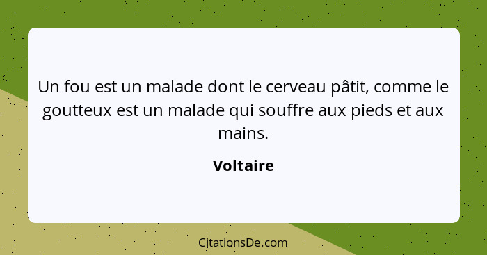 Un fou est un malade dont le cerveau pâtit, comme le goutteux est un malade qui souffre aux pieds et aux mains.... - Voltaire