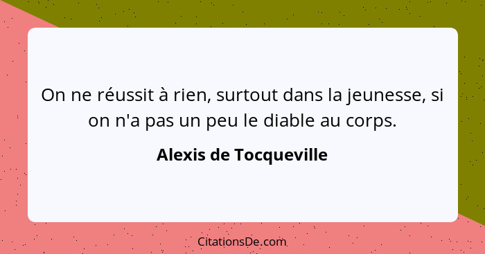 On ne réussit à rien, surtout dans la jeunesse, si on n'a pas un peu le diable au corps.... - Alexis de Tocqueville