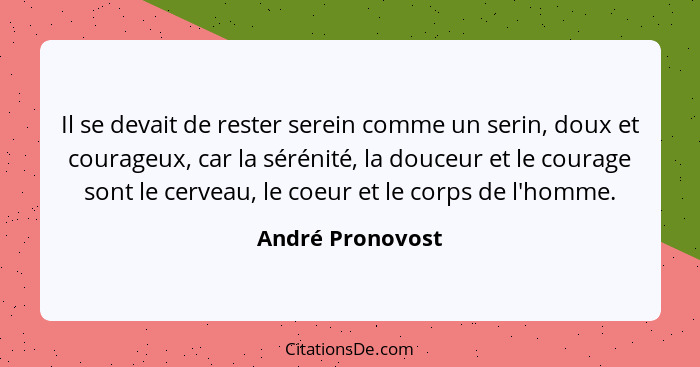 Il se devait de rester serein comme un serin, doux et courageux, car la sérénité, la douceur et le courage sont le cerveau, le coeur... - André Pronovost