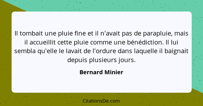 Il tombait une pluie fine et il n'avait pas de parapluie, mais il accueillit cette pluie comme une bénédiction. Il lui sembla qu'elle... - Bernard Minier