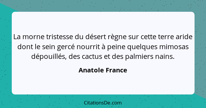 La morne tristesse du désert règne sur cette terre aride dont le sein gercé nourrit à peine quelques mimosas dépouillés, des cactus e... - Anatole France