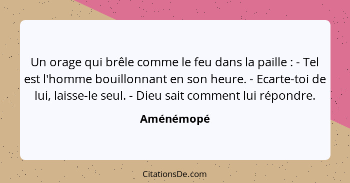 Un orage qui brêle comme le feu dans la paille : - Tel est l'homme bouillonnant en son heure. - Ecarte-toi de lui, laisse-le seul. -... - Aménémopé