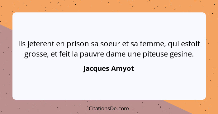 Ils jeterent en prison sa soeur et sa femme, qui estoit grosse, et feit la pauvre dame une piteuse gesine.... - Jacques Amyot