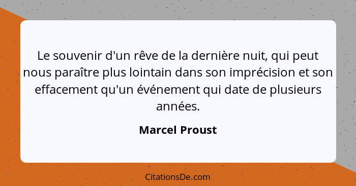 Le souvenir d'un rêve de la dernière nuit, qui peut nous paraître plus lointain dans son imprécision et son effacement qu'un événement... - Marcel Proust