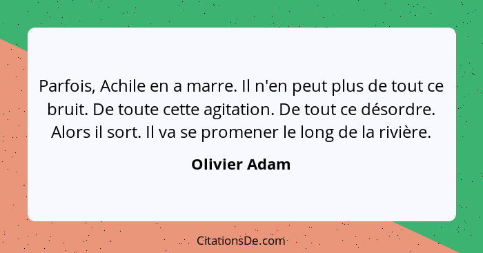 Parfois, Achile en a marre. Il n'en peut plus de tout ce bruit. De toute cette agitation. De tout ce désordre. Alors il sort. Il va se... - Olivier Adam