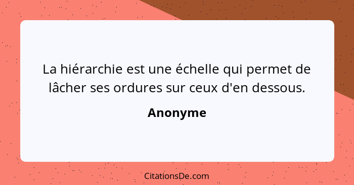 La hiérarchie est une échelle qui permet de lâcher ses ordures sur ceux d'en dessous.... - Anonyme