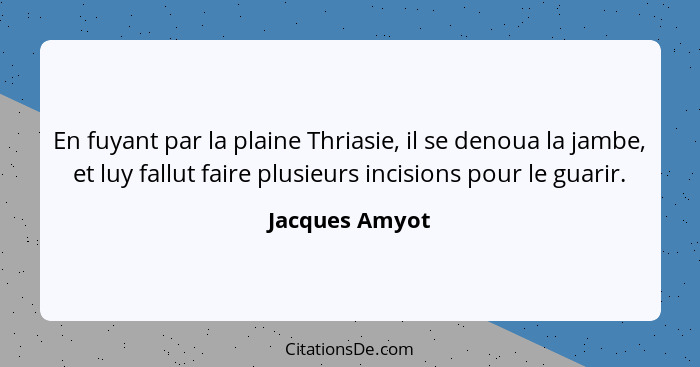 En fuyant par la plaine Thriasie, il se denoua la jambe, et luy fallut faire plusieurs incisions pour le guarir.... - Jacques Amyot