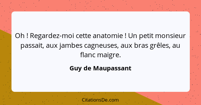 Oh ! Regardez-moi cette anatomie ! Un petit monsieur passait, aux jambes cagneuses, aux bras grêles, au flanc maigre.... - Guy de Maupassant